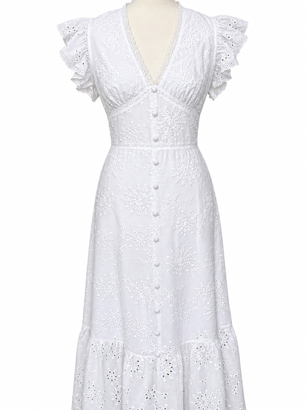 Cider White Eyelet V-Neck Button-Front Maxi Dress with Flutter Sleeves